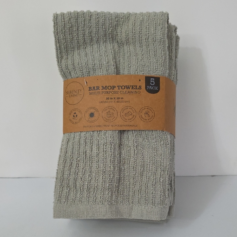 Serenity Multi-Purpose Light Gray Bar Mop Towels, Pack of 5, NWT